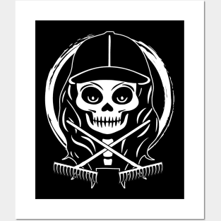 Landscaper Skull and Rake White Logo Posters and Art